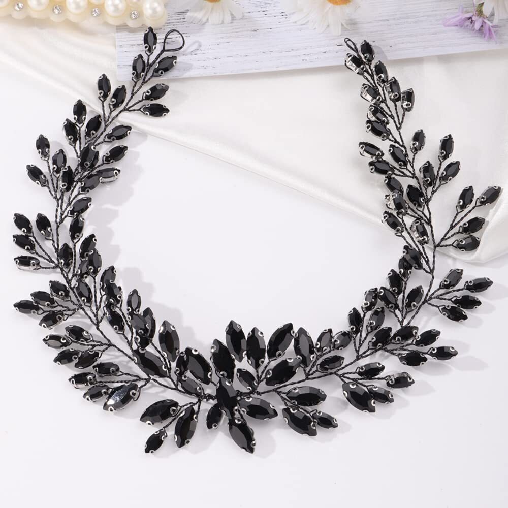 2419 Bridal Black Rhinestones Hair Vine Vintage Headband Wedding Black